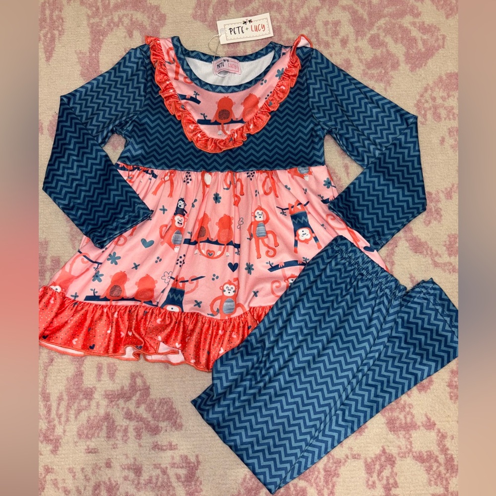 Pete + Lucy Navy Blue Chevron & Coral Monkey Ruffle Matching Set 3T Girls